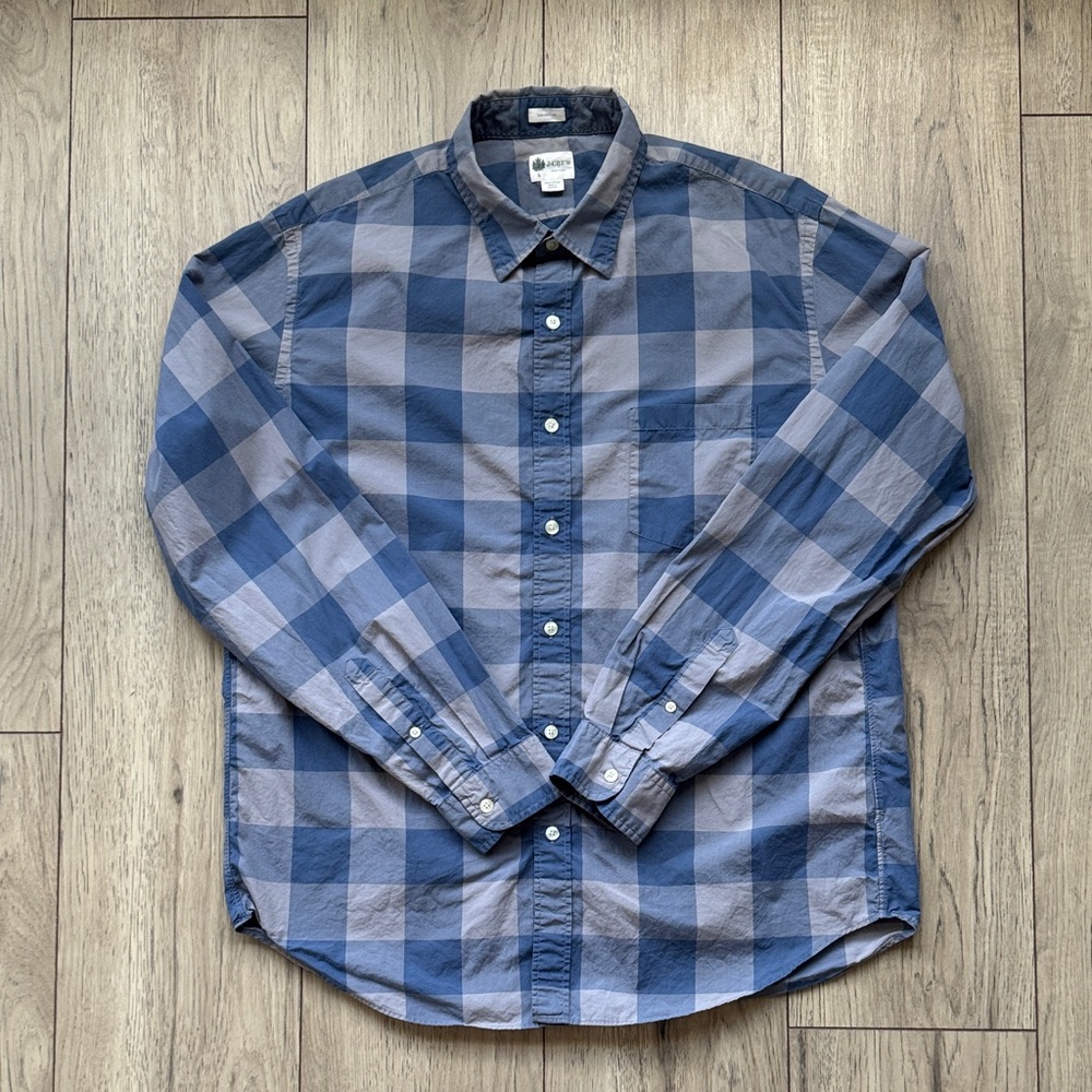 J Crew Tailored Fit Blue Plaid Button Down Shirt Men Large Cotton Preppy Casual